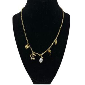 Ann Taylor Charm Choker Necklace Gold Tone Metal Pearl Details NEW